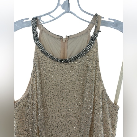 NWT Mac Duggal Beige Beaded Sleeveless High Neck Column Gown 12 - Picture 3 of 9